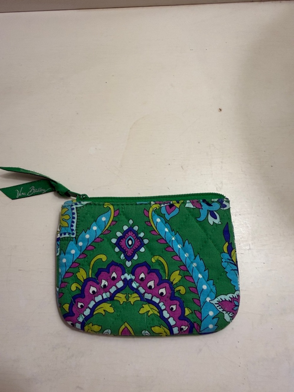 Vera Bradley Green Quilted Zip Coin Pouch with Blue and Purple Paisley